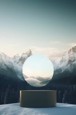 3d render, abstract winter landscape with snow and mountains, round podiumの素材