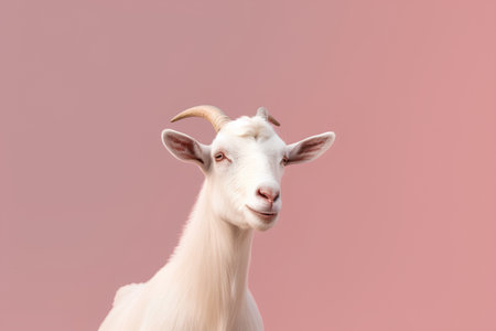 Portrait of a white goat with horns on a pink background.の素材