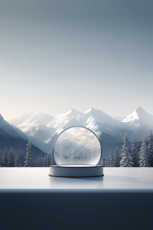 Snowglobe in the snowy mountains. 3d render. Christmas background.の素材