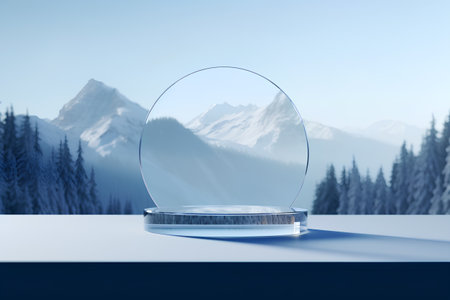 Empty podium for product display on snowy mountains background. 3D renderingの素材