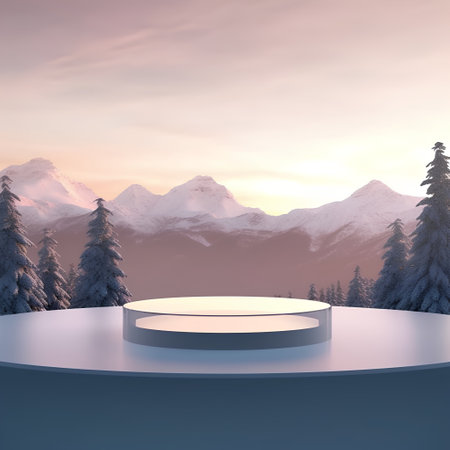 3D render of a podium for product presentation with snowy mountains in the backgroundの素材