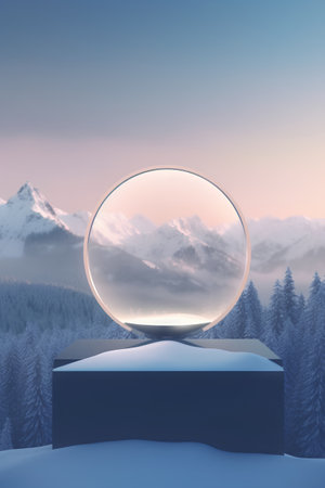 Snow globe on the background of snowy mountains. 3D rendering.の素材