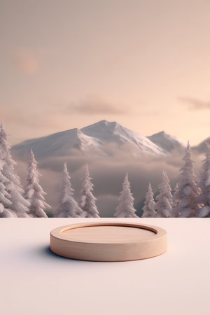 Wooden podium for product presentation with winter landscape. 3D renderingの素材