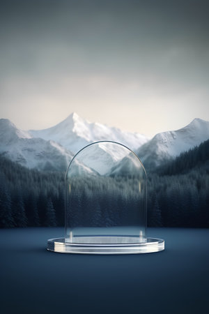 3d render of glass dome with winter landscape and snow mountain backgroundの素材