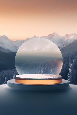 3D render of a snow globe in the mountains at sunset.の素材