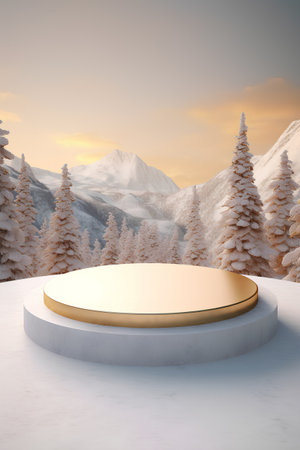 3d render of minimal product display podium in snowy winter landscape.の素材