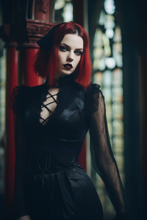 Beautiful gothic woman with red hair in the old churchの素材
