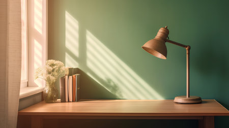 Wooden desk with books, lamp and vase. 3d renderの素材