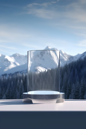 3d render of abstract minimal geometric forms. Glossy glass podium on the background of the winter mountains.の素材