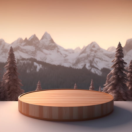 Wooden podium in the winter forest. 3d render with clipping pathの素材