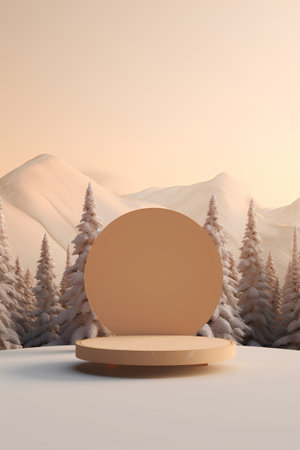 3d render of minimal product display podium with winter forest background.の素材