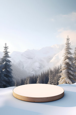 Wooden podium in snowy landscape. 3D rendering. High resolution image.の素材