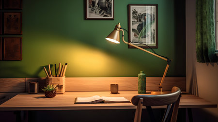 Interior of a modern living room with a wooden table, a green wall and a lamp. 3d renderの素材
