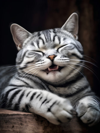 Cute cat lying on a wooden background, close-up.の素材