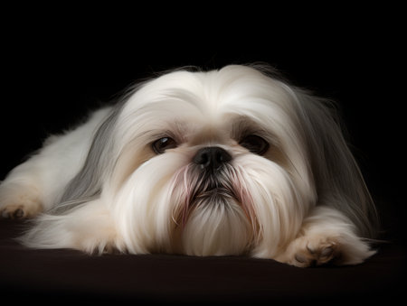 Studio shot of a Shih Tzu lying on black background.の素材