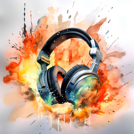 Headphones on abstract watercolor background. Music concept. Digital illustration.の素材