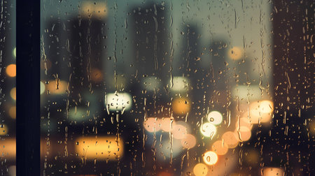 rain drops on window with city lights bokeh background, abstract textureの素材
