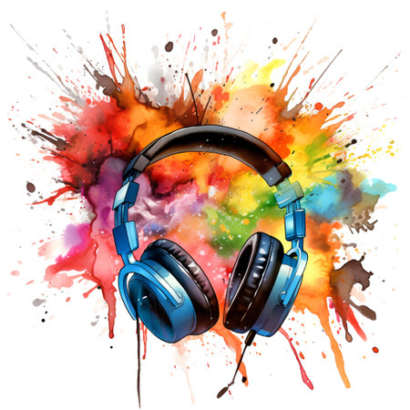 Watercolor music background with headphones and blots. Vector illustration.の素材