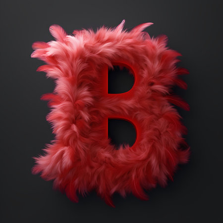 Red fluffy fur letter B isolated on black background. 3d renderingの素材