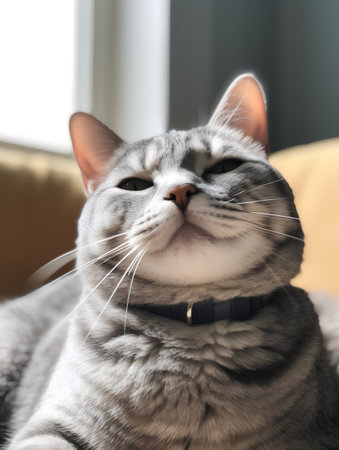 Portrait of gray tabby cat lying on the sofa at homeの素材