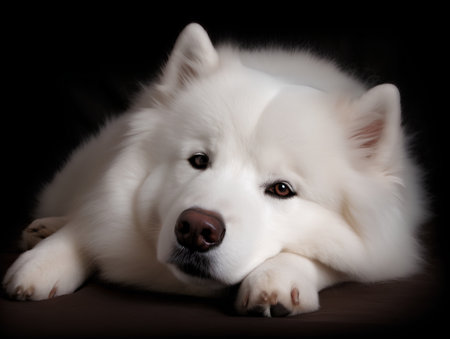 Cute Samoyed dog lying on black background. Studio shot.の素材