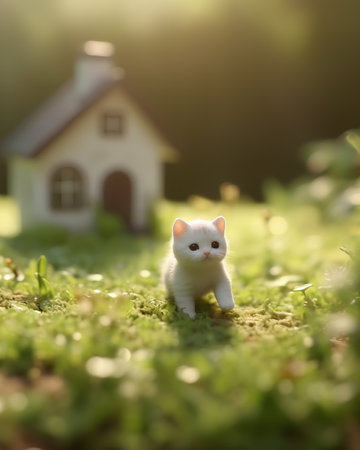 Little white cat walking in the grass with a toy house in the backgroundの素材