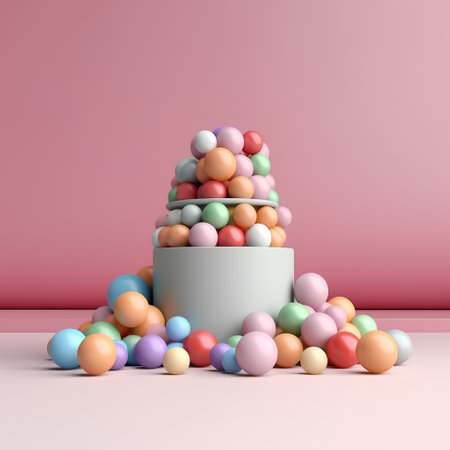 3d render of Easter cake with colorful eggs on pink background.の素材