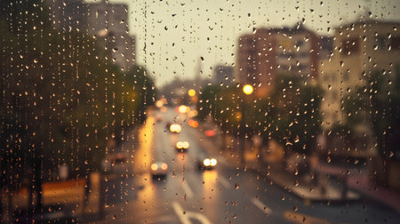 Rain drops on the glass with blurred car in the city, abstract backgroundの素材