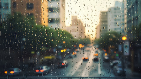 Rain drops on glass with blurred city background. Rainy day.の素材