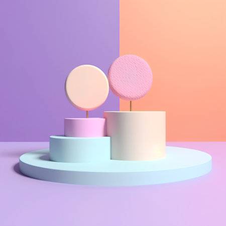 3d render of abstract geometric forms. Minimal scene with podiums and pastel colors.の素材