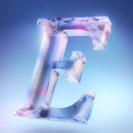 Ice letter E on blue background. 3D rendering. Ice font.の素材