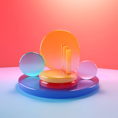 3d render of round podium with colorful geometric shapes. Abstract background.の素材