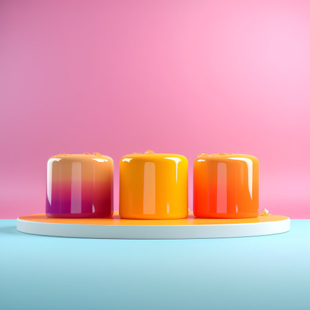 3d render of podium with orange, yellow and purple candiesの素材