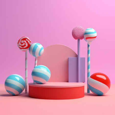 3d render of minimal display podium with candies and lollipopsの素材