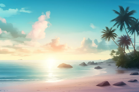 Beautiful seascape with palm trees on the beach. Vector illustrationの素材