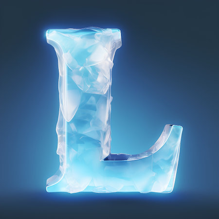 Ice letter L isolated on blue background. 3d render illustration.の素材