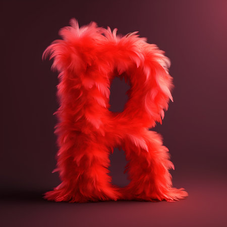 Red fur letter R uppercase. 3D rendering isolated on black backgroundの素材