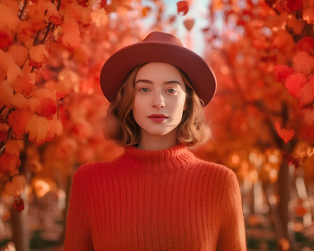 Portrait of a beautiful girl in a red sweater and hat on a background of autumn treesの素材