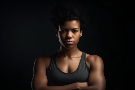 Young african american woman in sportswear on black backgroundの素材