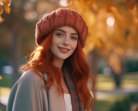 Beautiful redhead girl in a hat and coat walks in the autumn park.の素材