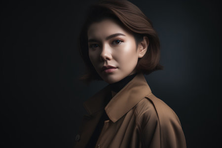 Portrait of beautiful asian woman in brown coat on dark backgroundの素材