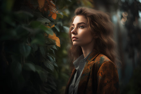 Portrait of a beautiful young woman in the autumn forest. Beauty, fashion.の素材