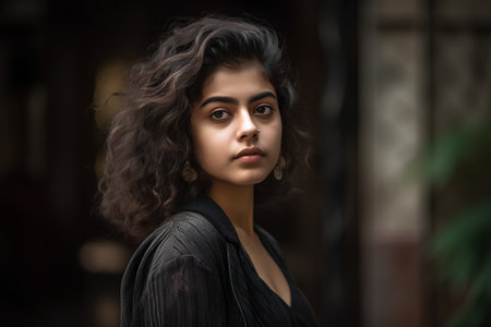 Portrait of a beautiful young woman with curly hair in the cityの素材