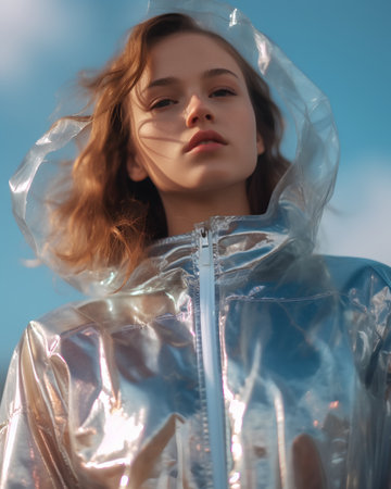 Young beautiful girl in a raincoat on a background of blue skyの素材