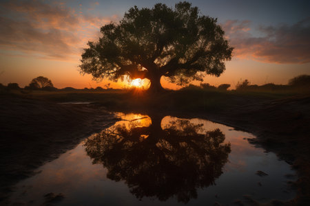 Tree in the field at sunset with reflection in water, 3d renderの素材