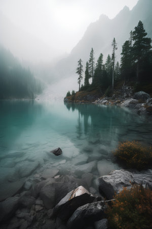 Beautiful lake in the mountains with fog and reflection in water.の素材