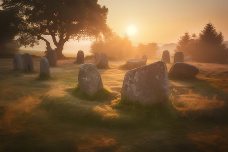 Old stone circle in meadow at sunrise. 3d illustration.の素材