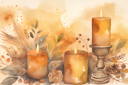 Beautiful watercolor illustration with candles and flowers on a watercolor backgroundの素材