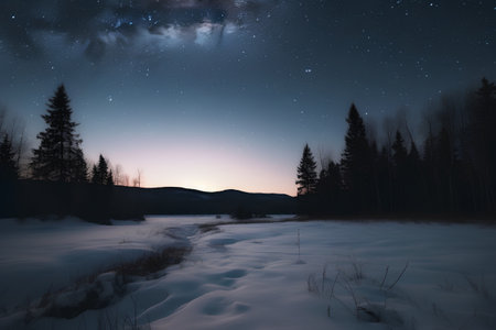 Winter landscape. Starry night sky with stars and snowdrifts.の素材