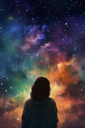 Back view of young woman looking at colorful nebula and stars.の素材